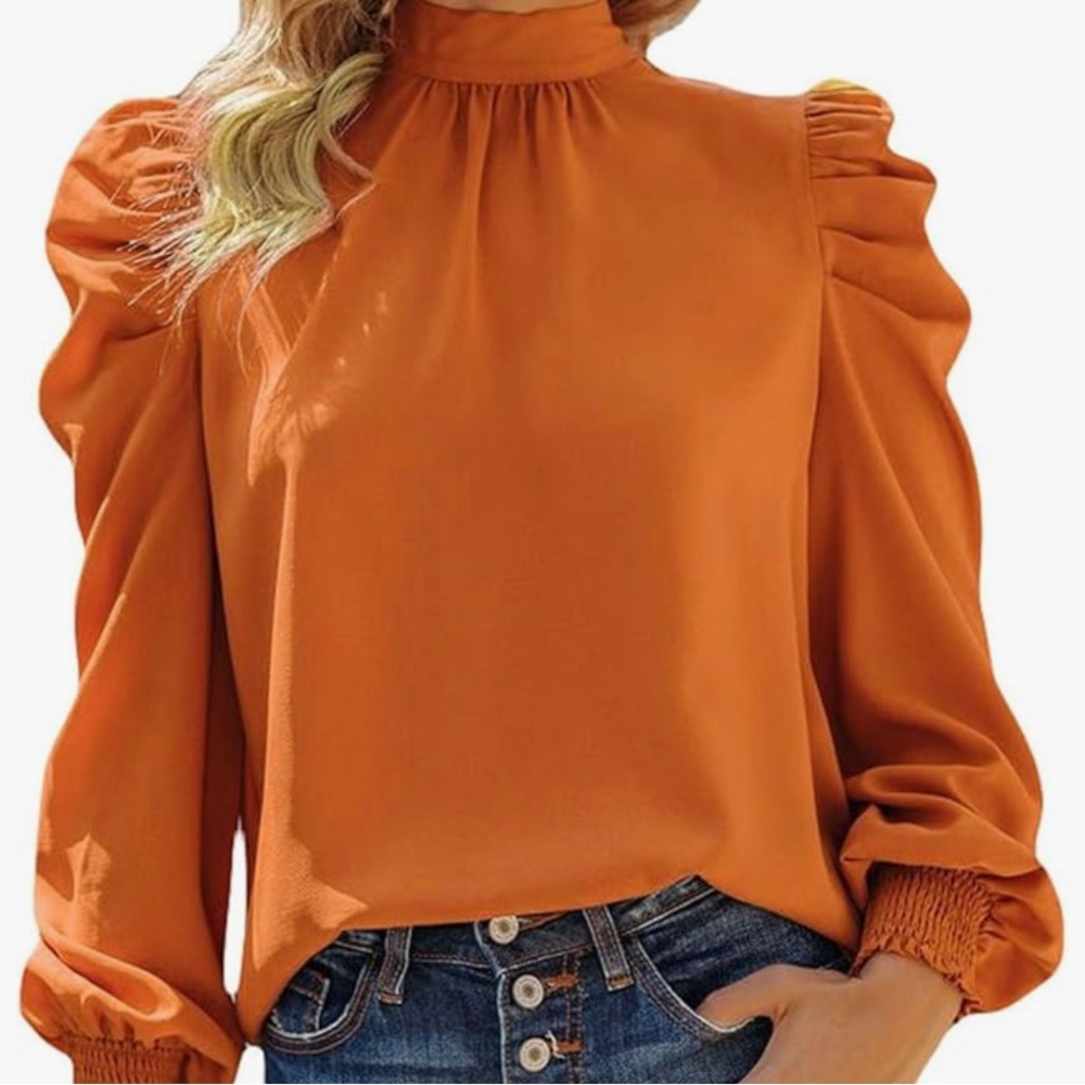 Orange Long Sleeve High Neck Blouse